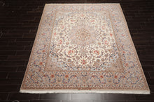 8x10 Ivory, Taupe, Navy Color Hand Knotted Isfahan Wool & Silk Traditional Oriental Rug