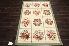 4x6 Ivory, Sage, Red Color Hand Woven Portugese Needlepoint Wool Traditional Oriental Rug