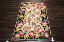 4x6 Blush, Black, Green Color Hand Woven French Needlepoint Wool Traditional Oriental Rug