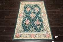 4x6 Teal, Ivory, Blush Color Hand Woven French Needlepoint Wool Traditional Oriental Rug