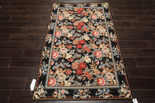 4x6 Black, Ivory, Tan Color Hand Woven French Needlepoint Wool Traditional Oriental Rug