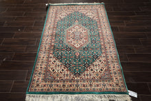 4x6 Green, Ivory, Rust Color Hand Knotted Indo Tabriz Wool Traditional Oriental Rug