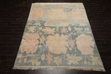 8x10 Beige, Aqua, Rose Color Hand Knotted Tibetan Wool Art Deco Oriental Rug