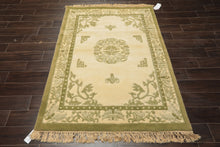 4x6 Ivory, Olive, Green Color Hand Knotted Indo-Tibetan Wool Art Deco Oriental Rug