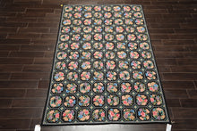 5x8 Black, Pink, Blue Color Hand Woven French Savonerrie Needlepoint Wool Traditional Oriental Rug