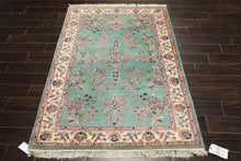 4x6 Turquoise, Ivory, Rose Color Hand Knotted Indo Kashan Wool Traditional Oriental Rug