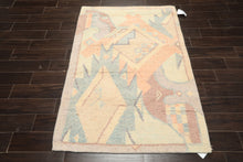 4x6 Ivory, Aqua, Lavender Color Hand Knotted Indo Tibetan Wool Art Deco Oriental Rug