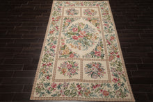6x10 Ivory, Aqua, Rose Color Hand Woven Aubusson Needlepoint Wool Traditional Oriental Rug