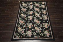 6x9 Charcoal, Mint, Rose Color Hand Woven Portugese Needlepoint Wool Traditional Oriental Rug
