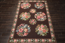 6x9 Chocolate, Pink, Green Color Hand Woven Aubusson Needlepoint Wool Traditional Oriental Rug