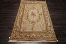 5x8 Beige, Tan, Green Color Hand Woven Aubusson Savonnerie Wool Traditional Oriental Rug
