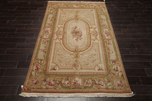 5x8 Beige, Tan, Green Color Hand Woven Aubusson Savonnerie Wool Traditional Oriental Rug