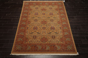 6x9 Gold, Burnt Orange, Green Color Machine Made French Aubusson Savonnerie New Zealand Wool Transitional Oriental Rug