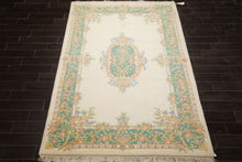 6x9 Ivory, Aqua, Peach Color Hand Knotted Aubusson Savonnerie Wool Traditional Oriental Rug