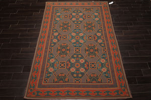6x9 Teal, Orange, Gold Color Hand Woven French Needlepoint Wool Art Deco Oriental Rug