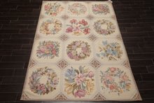 6x9 Ivory, Rose, Blue Color Hand Woven French Needlepoint Wool Traditional Oriental Rug