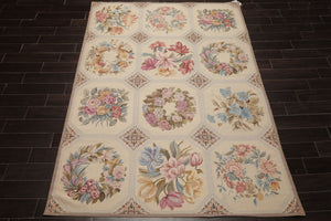 6x9 Ivory, Rose, Blue Color Hand Woven French Needlepoint Wool Traditional Oriental Rug