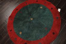 Round Green, Red, Gold Color Hand Knotted Gabbeh Wool Modern & Contemporary Oriental Rug