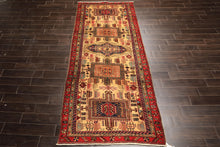 Runner Light Gold, Coral, Navy Color Hand Knotted Kurdish Hamadan Wool Traditional Oriental Rug