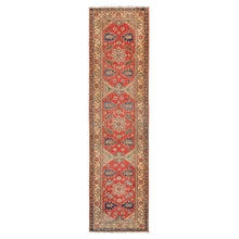 Runner Coral, Moss, Navy Color Hand Knotted Kazak Wool Traditional Oriental Rug