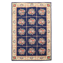 4x6 Navy, Ivory, Green Color Hand Knotted French Aubusson Needlepoint Wool Traditional Oriental Rug