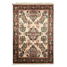 4x6 Ivory, Green, Rose Color Hand Knotted Indo Sarouk New Zealand Wool Traditional Oriental Rug