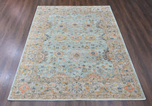8x10 Aqua, Gray, Peach Color Hand Knotted Oushak Wool Transitional Oriental Rug