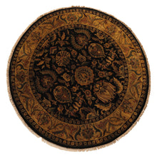 8' Round Black, Gold, Maroon Color Hand Knotted Agra Wool Traditional Oriental Rug