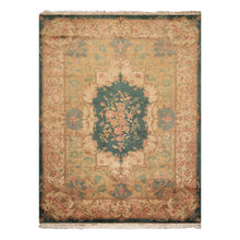 9x12 Emerald, Tan, Rose Color Hand Knotted French Aubusson Savonnerie Wool Traditional Oriental Rug