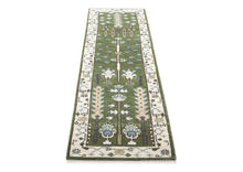 Runner Green, Ivory, Blue Color Hand Knotted Oushak Wool Transitional Oriental Rug