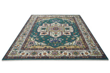 9x12 Teal, Ivory, Green Color Hand Knotted Oushak Wool  Oriental Rug