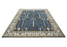 9x12 Blue, Ivory, Tan Color Hand Knotted Oushak Wool Transitional Oriental Rug