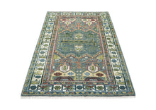 5x8 Teal, Ivory, Lime Color Hand Knotted Oushak Wool Transitional Oriental Rug