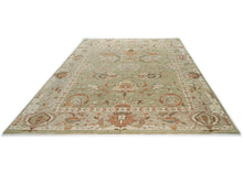 10x14 Green, Peach, Gray Color Hand Knotted Oushak Wool Arts and Crafts Oriental Rug