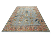 10x14 Blue, Rose, Ivory Color Hand Knotted Oushak Wool Arts and Crafts Oriental Rug