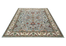 9x12 Blue, Ivory, Sage Color Hand Knotted Oushak Wool Transitional Oriental Rug
