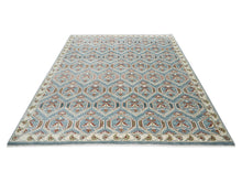 9x12 Blue, Beige, Rust Color Hand Knotted Oushak Wool Transitional Oriental Rug