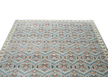 9x12 Blue, Beige, Rust Color Hand Knotted Oushak Wool Transitional Oriental Rug