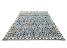 8x10 Blue, Green, Burnt Orange Go Color Hand Knotted Oushak Wool Transitional Oriental Rug