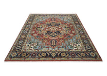 8x10 Rust, Navy, Aqua Color Hand Knotted Heriz Wool Traditional Oriental Rug