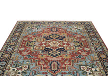 8x10 Rust, Navy, Aqua Color Hand Knotted Heriz Wool Traditional Oriental Rug