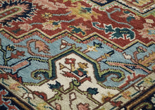 8x10 Rust, Navy, Aqua Color Hand Knotted Heriz Wool Traditional Oriental Rug