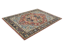 8x10 Rust, Navy, Aqua Color Hand Knotted Heriz Wool Traditional Oriental Rug