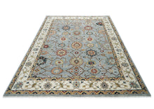 10x14 Blue, Ivory, Gold Color Hand Knotted Oushak Wool Arts and Crafts Oriental Rug