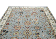 10x14 Blue, Ivory, Gold Color Hand Knotted Oushak Wool Arts and Crafts Oriental Rug