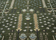 10x14 Green, Ivory, Tan Color Hand Knotted Oushak Wool Transitional Oriental Rug