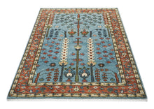 5x8 Blue, Burnt Orange, Ivory Color Hand Knotted Oushak Wool Transitional Oriental Rug