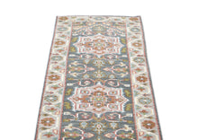 Runner Gray, Slate, Ivory Color Hand Knotted Oushak Wool Transitional Oriental Rug