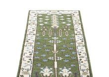 Runner Green, Ivory, Blue Color Hand Knotted Oushak Wool Transitional Oriental Rug