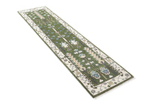 Runner Green, Ivory, Blue Color Hand Knotted Oushak Wool Transitional Oriental Rug